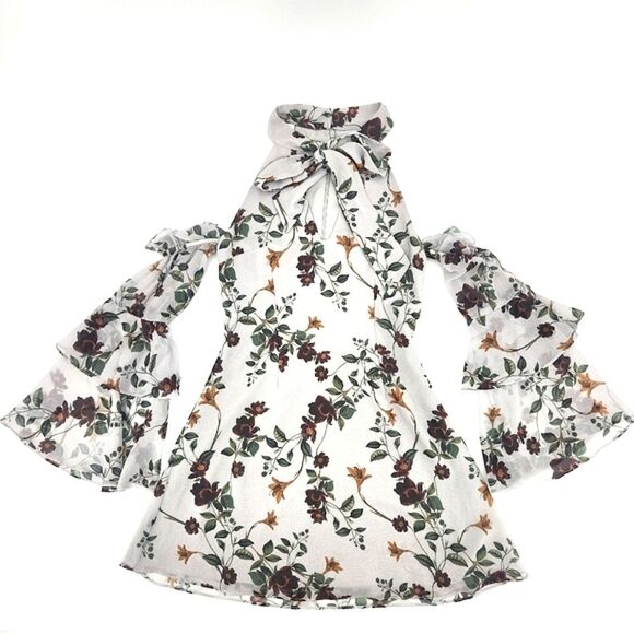 Keepsake Twilight Dreams Mini Dress Small Women Gray Garden Floral Cold Shoulder - Picture 1 of 11